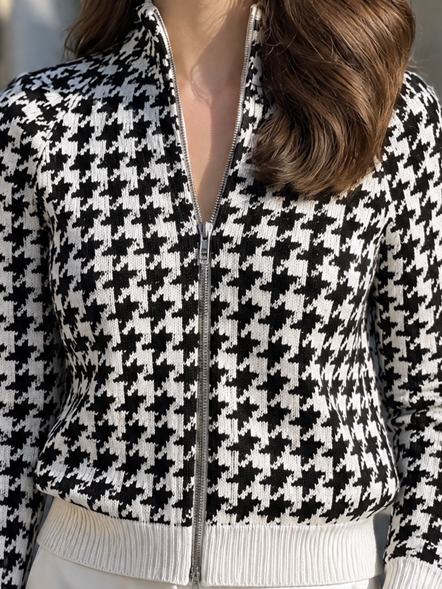 Houndstooth Stand Collar Zip-Up Long Sleeve Knit Jacket