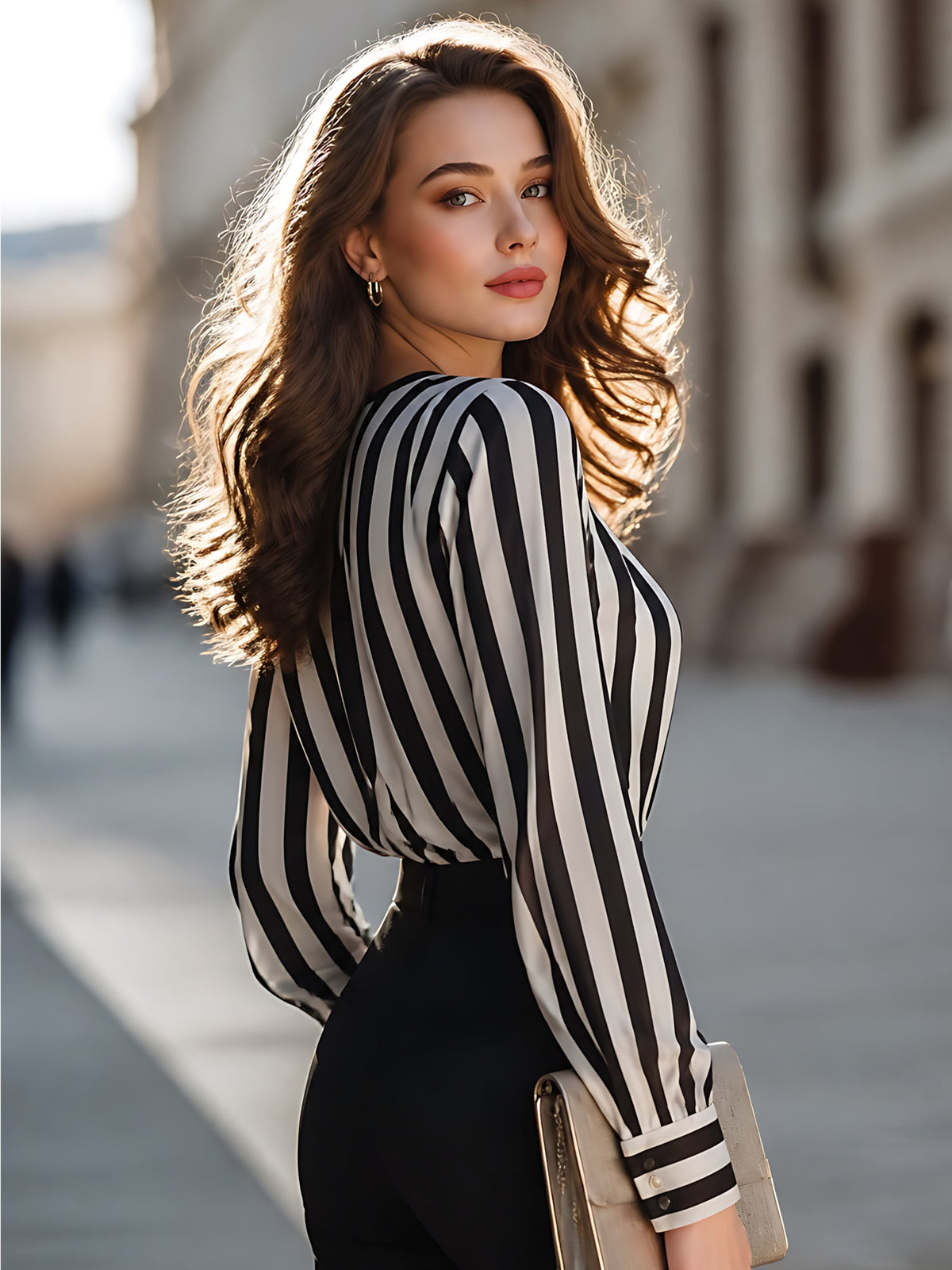 Women's Black and White Striped Long Sleeve Keyhole Blouse