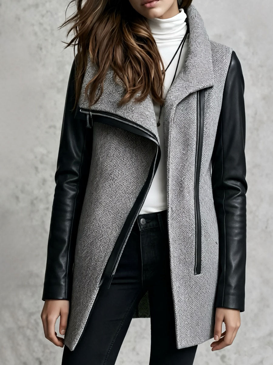 Grey Herringbone Wool Asymmetric Zipper Coat With Black Faux Leather Sleeves