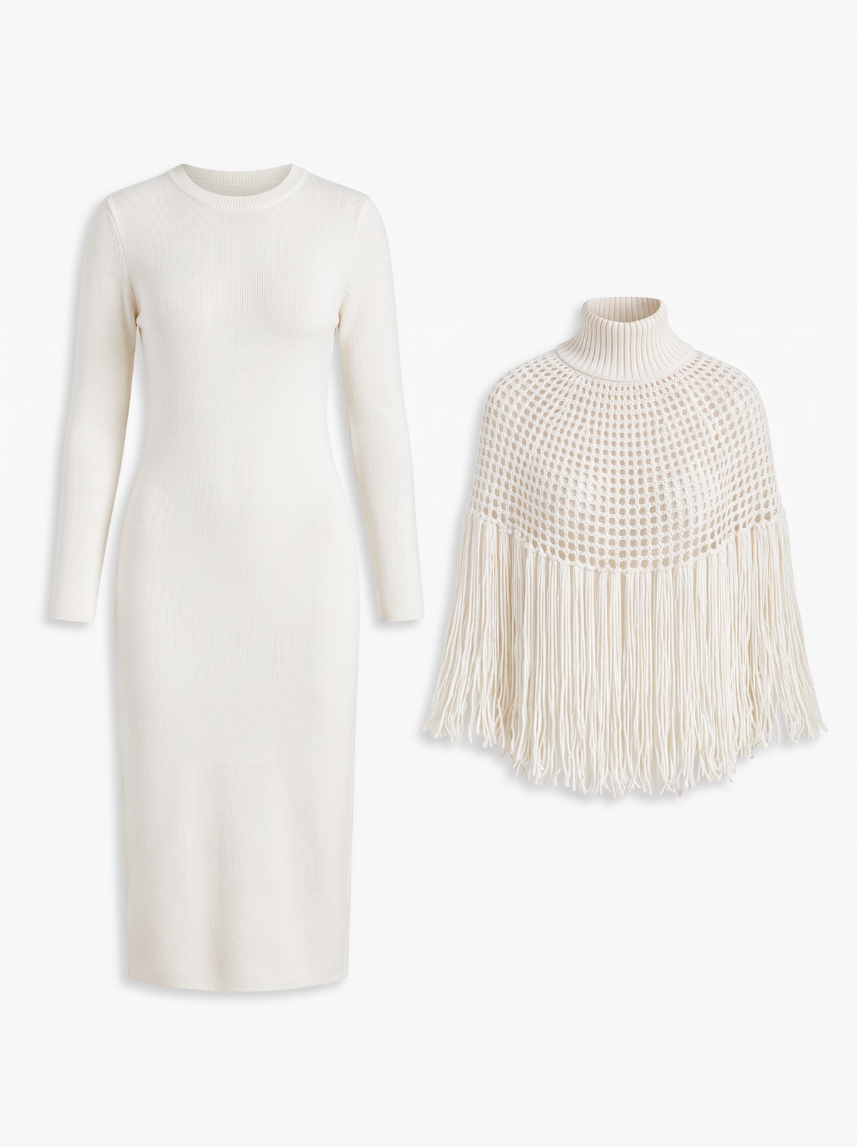 Turtleneck Openwork Fringe Cape And Knit Dress Set