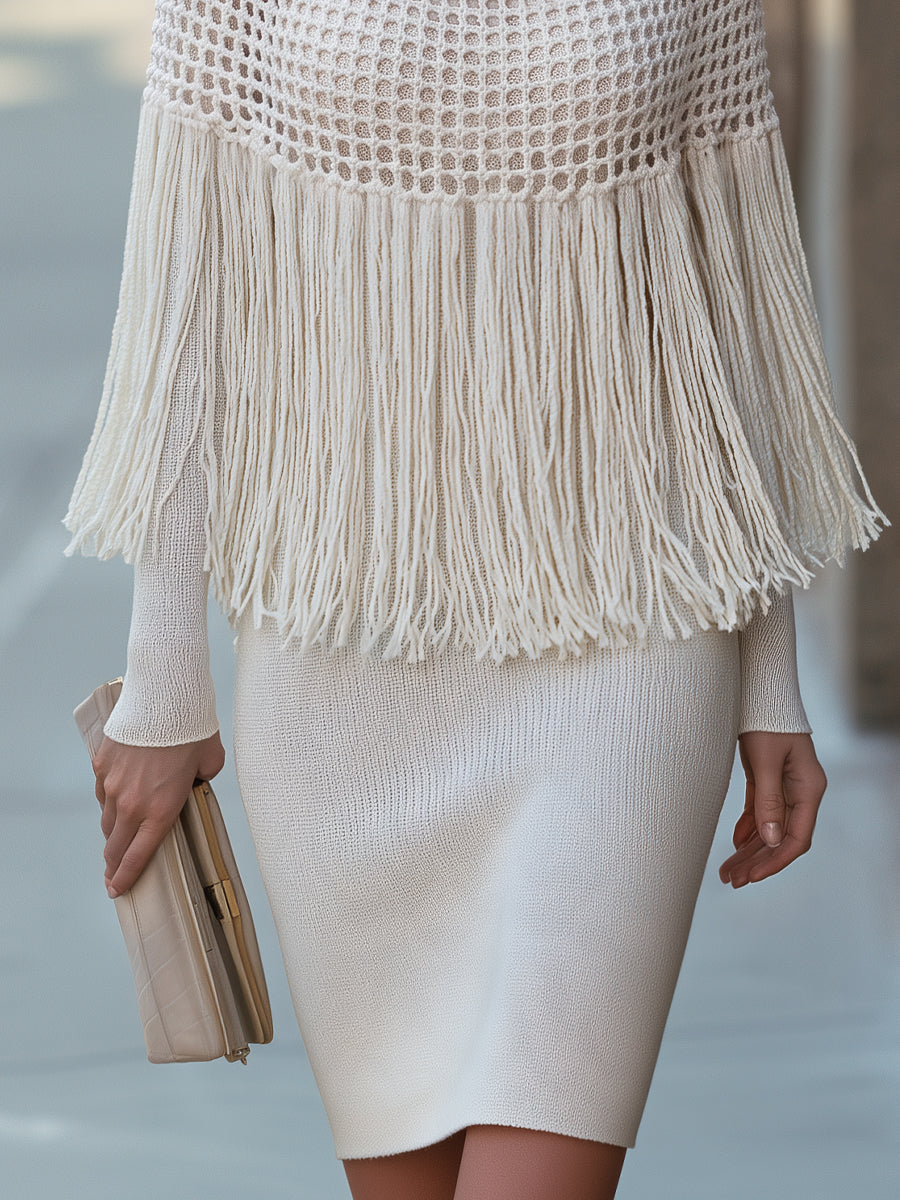 Turtleneck Openwork Fringe Cape And Knit Dress Set