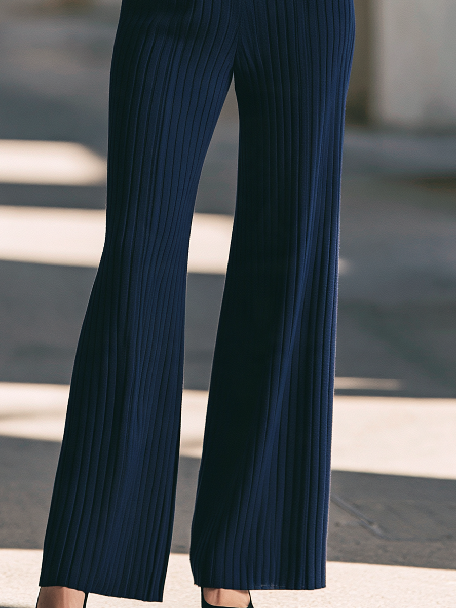 Striped Boat Neck Knit Top & Ribbed Wide Leg Pants Set