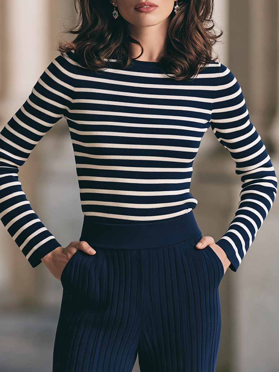 Striped Boat Neck Knit Top & Ribbed Wide Leg Pants Set