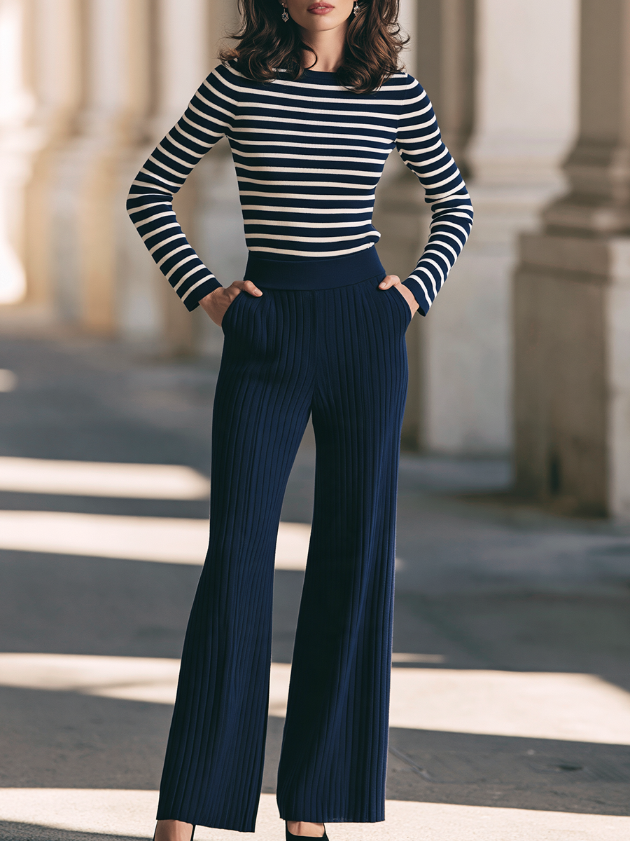 Striped Boat Neck Knit Top & Ribbed Wide Leg Pants Set