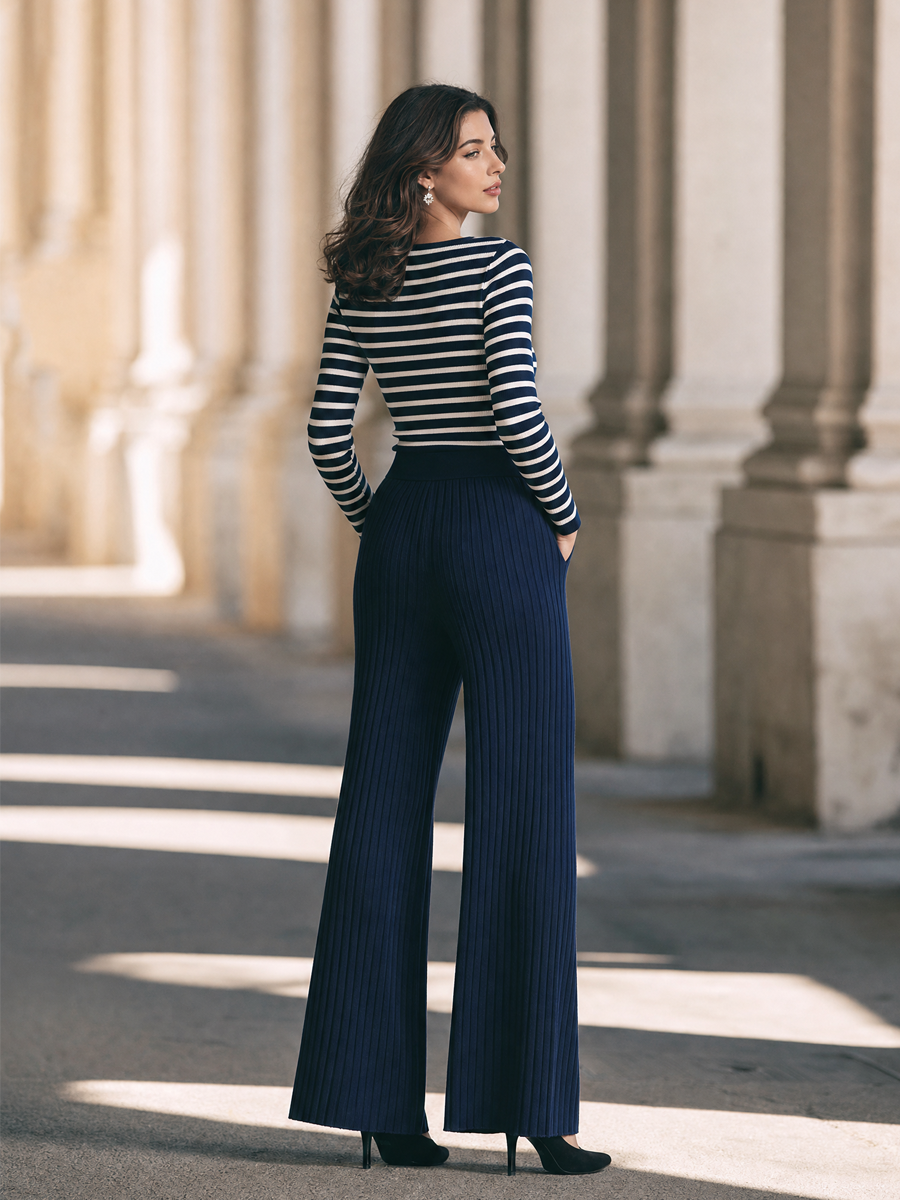 Striped Boat Neck Knit Top & Ribbed Wide Leg Pants Set