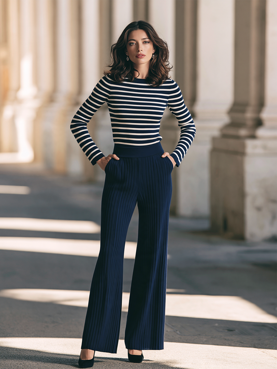 Striped Boat Neck Knit Top & Ribbed Wide Leg Pants Set