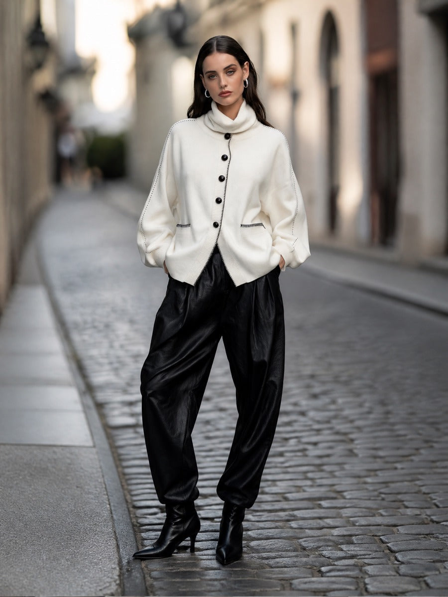 Contrast-Stitch Turtleneck Knit Cardigan