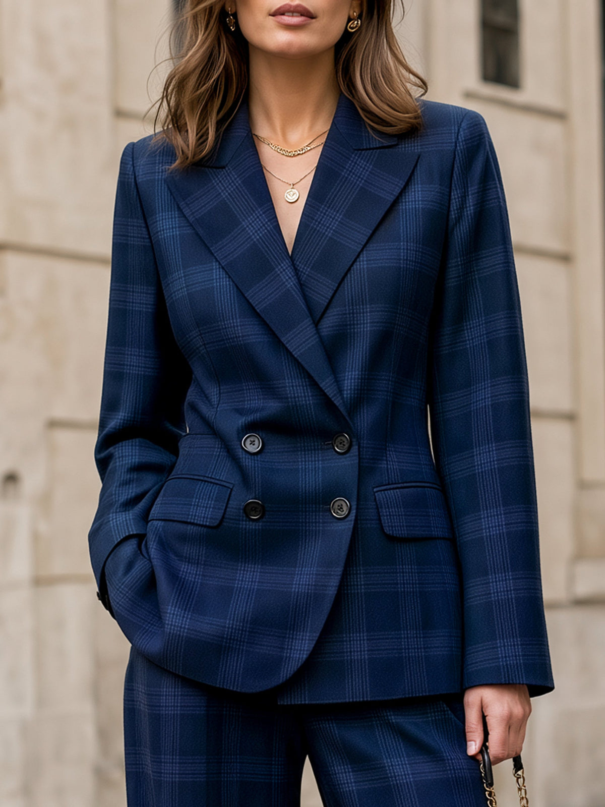 Double-Breasted Plaid Blazer & Wide-Leg Pants Tailored Set
