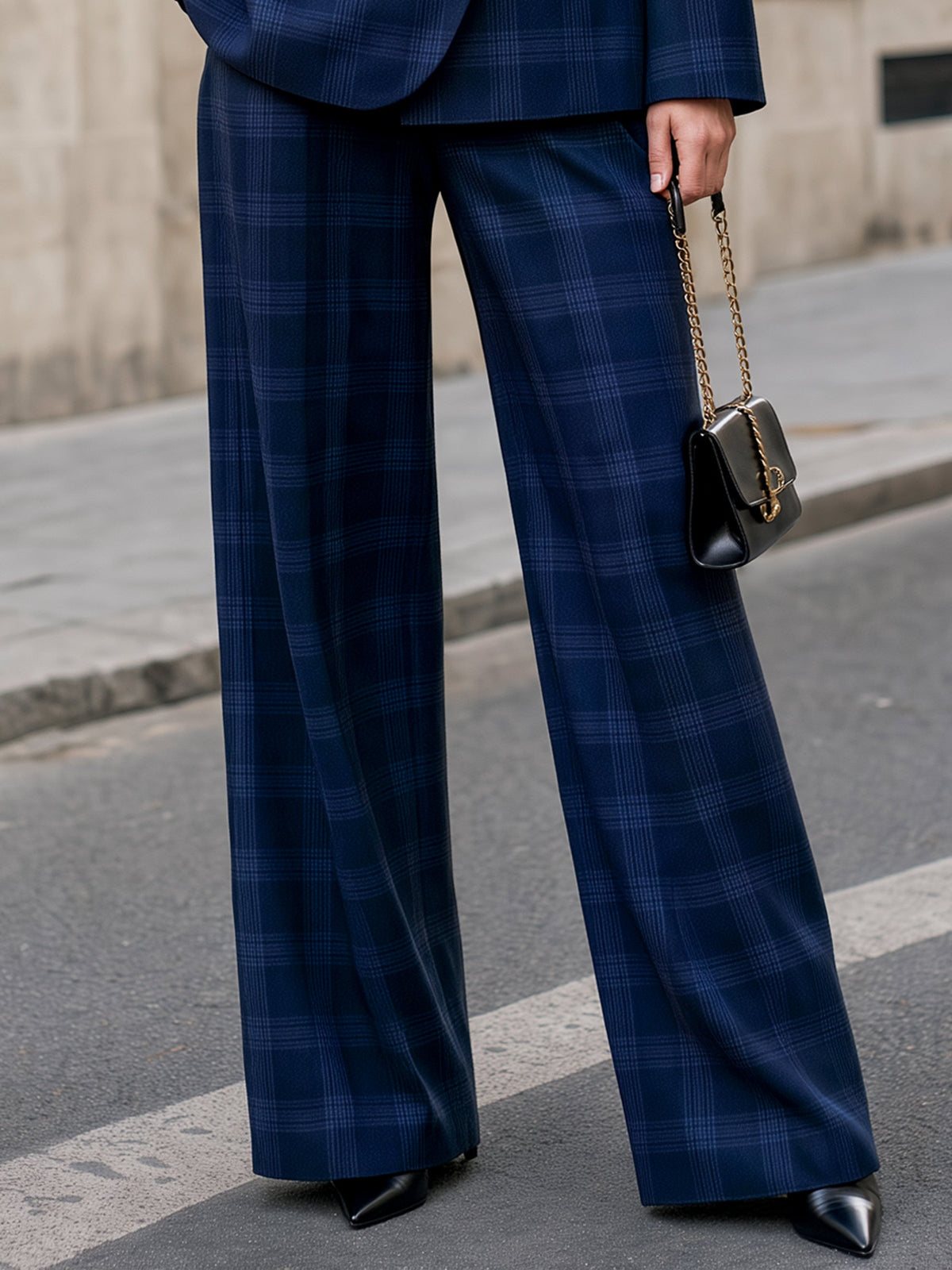 Double-Breasted Plaid Blazer & Wide-Leg Pants Tailored Set