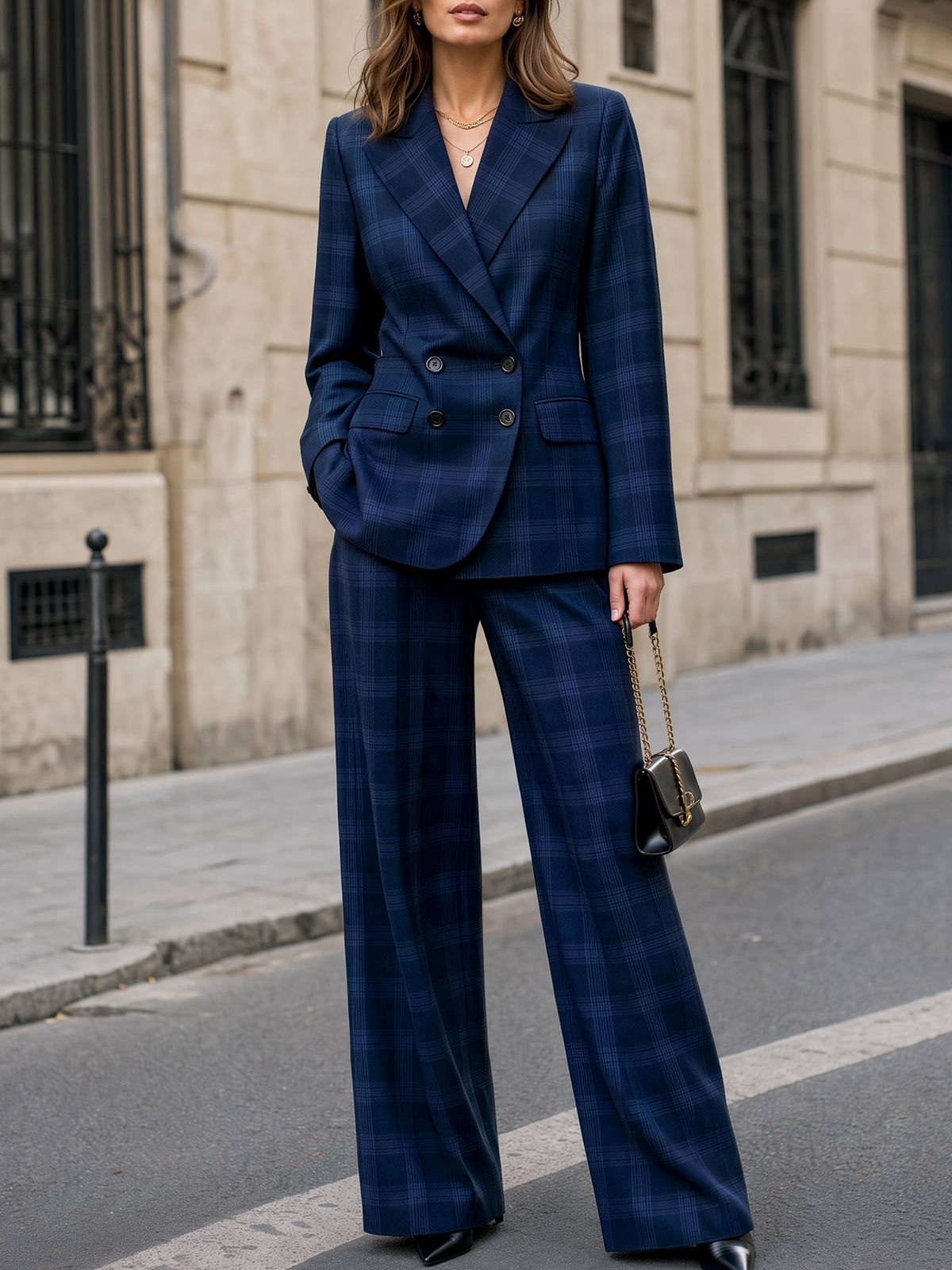 Double-Breasted Plaid Blazer & Wide-Leg Pants Tailored Set