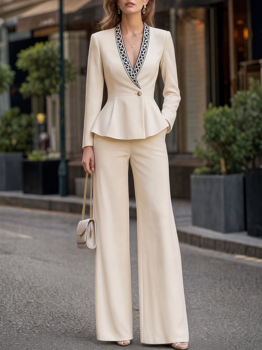 Woven Trim Lapel Peplum Blazer & Wide-Leg Pants Tailored Set