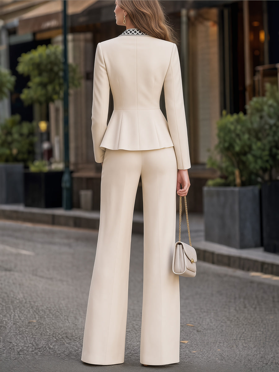 Woven Trim Lapel Peplum Blazer & Wide-Leg Pants Tailored Set