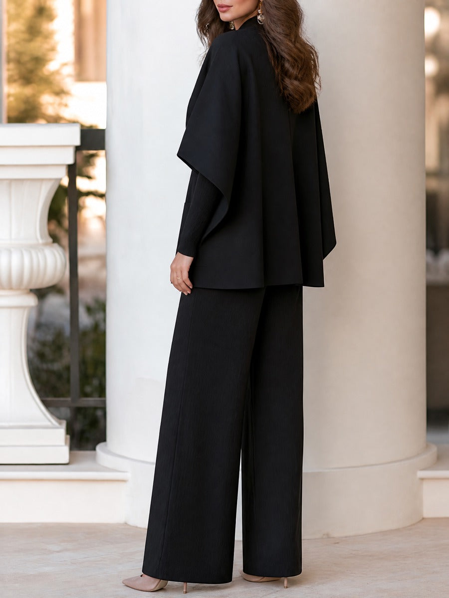 Ribbed Sweater Top Belted Cardigan And Wide Leg Pants Three-Piece Set