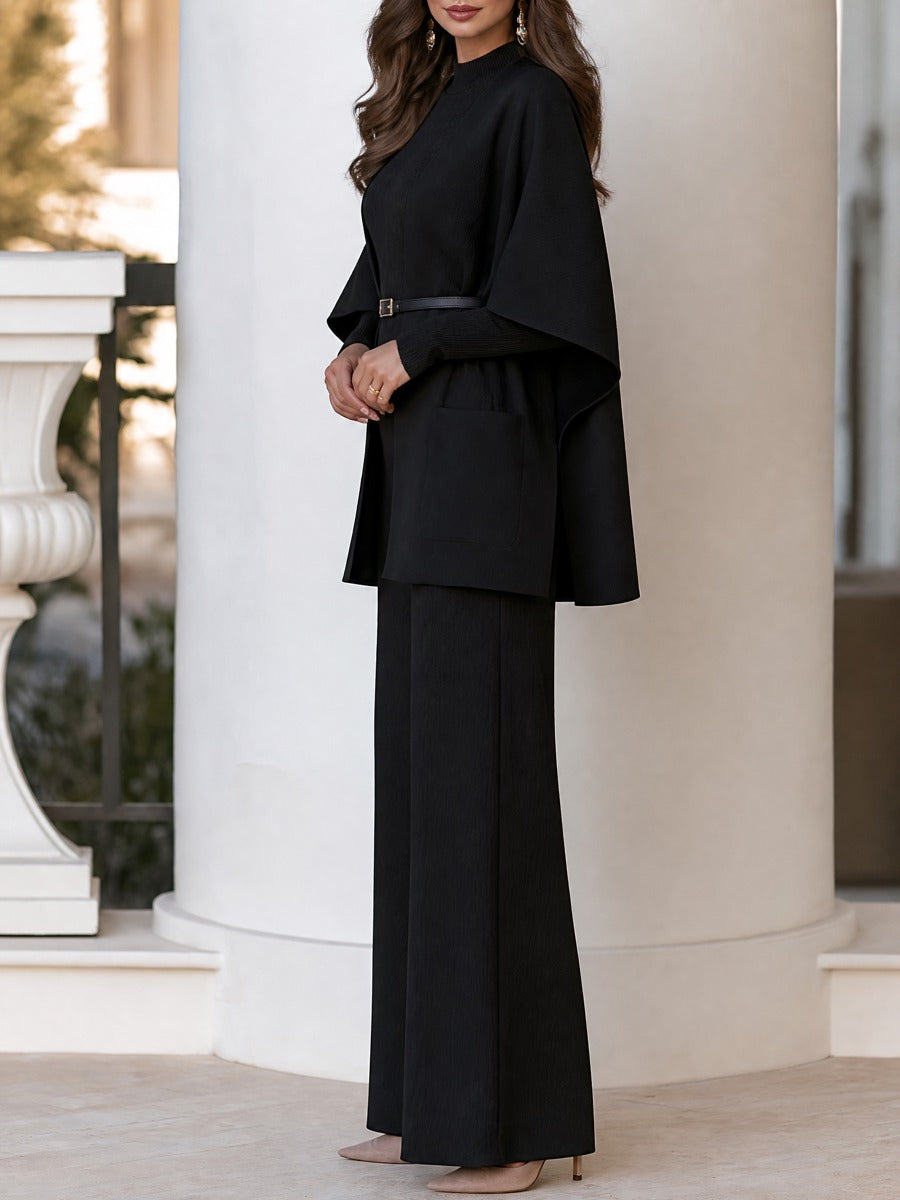 Ribbed Sweater Top Belted Cardigan And Wide Leg Pants Three-Piece Set