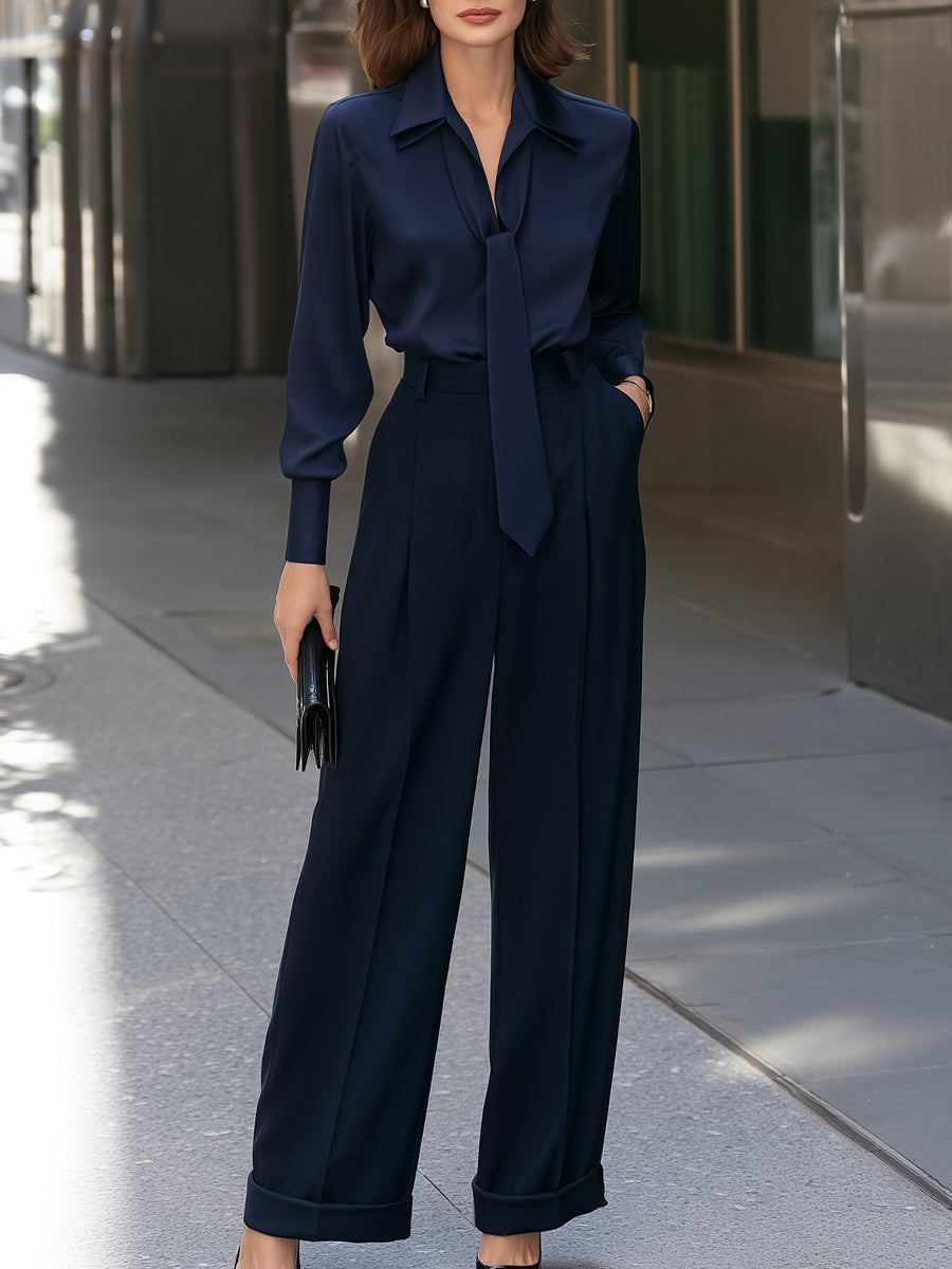 Tie-Neck Blouse And Wide Leg Trousers Two-Piece Set