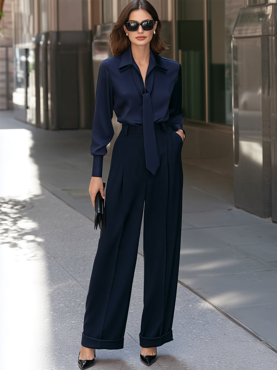 Tie-Neck Blouse And Wide Leg Trousers Two-Piece Set