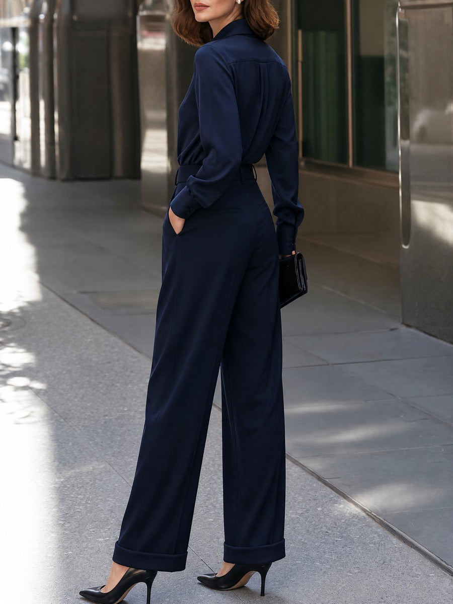 Tie-Neck Blouse And Wide Leg Trousers Two-Piece Set