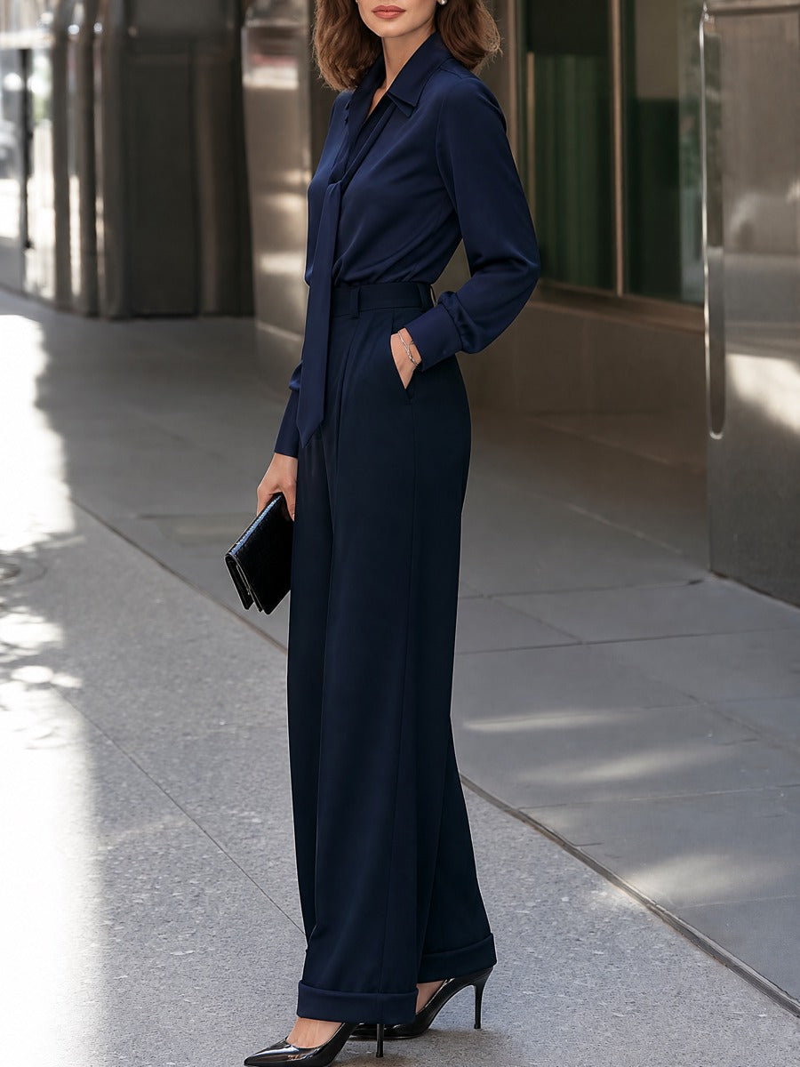 Tie-Neck Blouse And Wide Leg Trousers Two-Piece Set