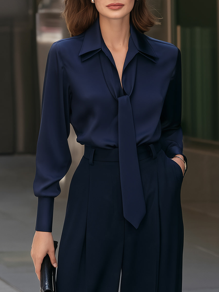 Tie-Neck Blouse And Wide Leg Trousers Two-Piece Set