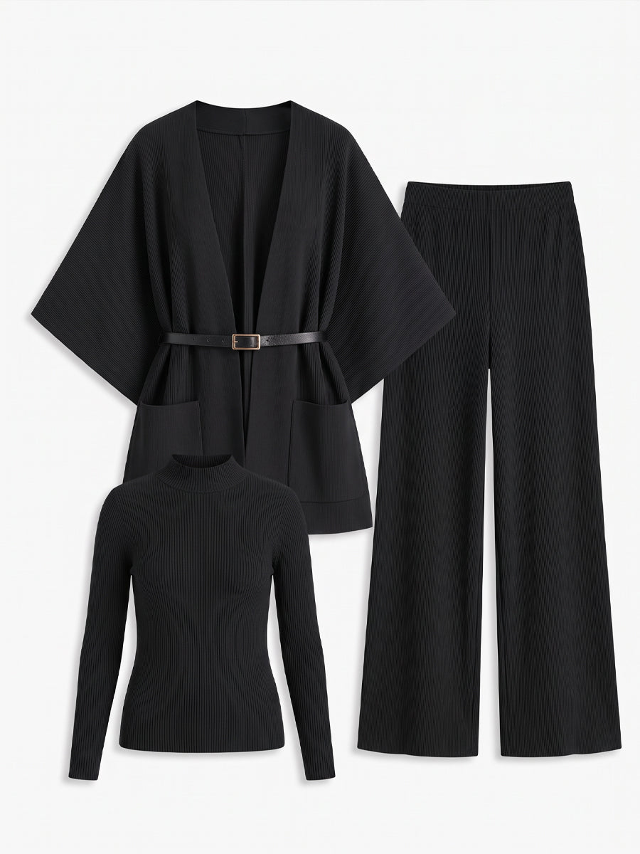 Ribbed Sweater Top Belted Cardigan And Wide Leg Pants Three-Piece Set
