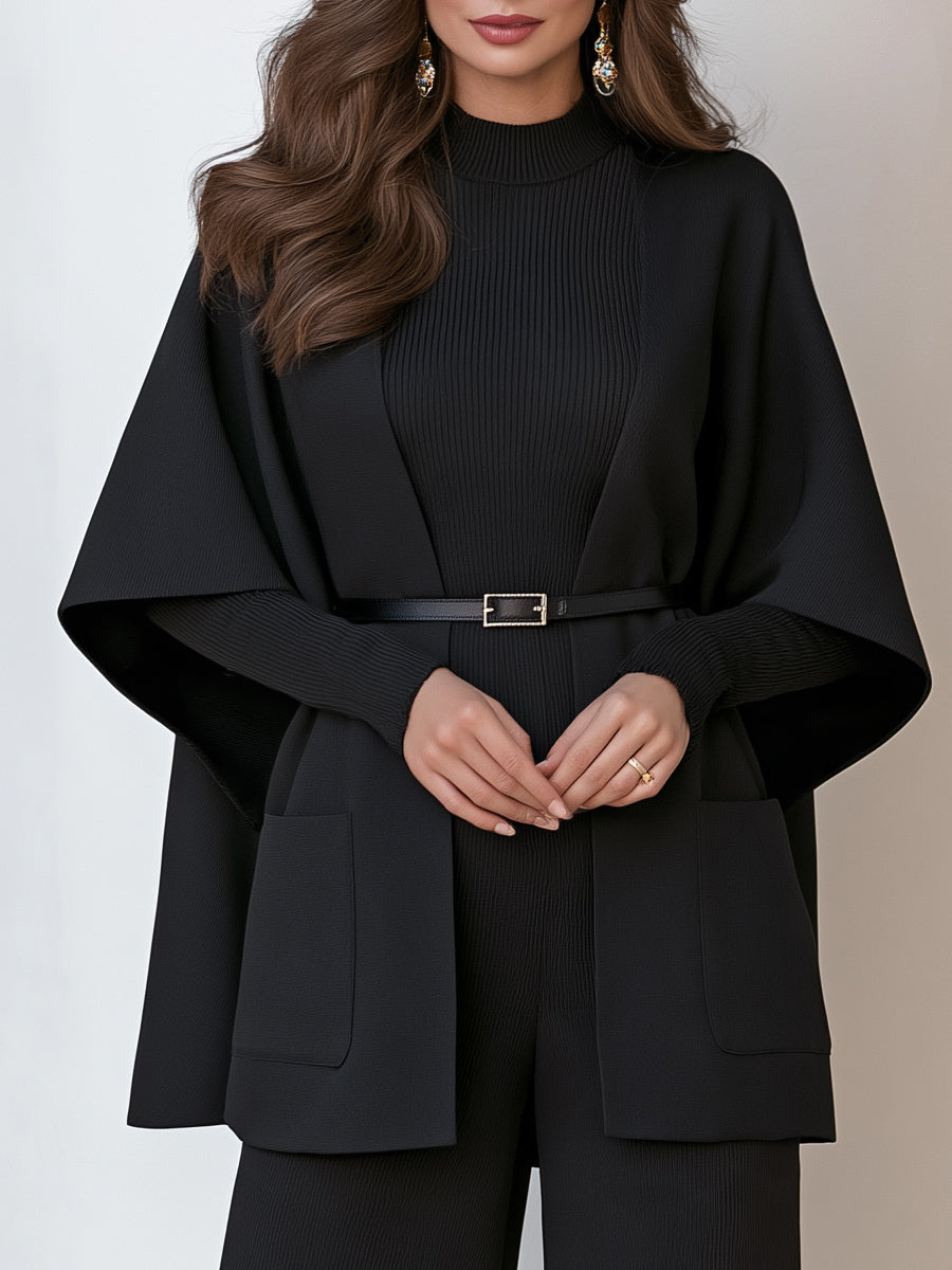 Ribbed Sweater Top Belted Cardigan And Wide Leg Pants Three-Piece Set