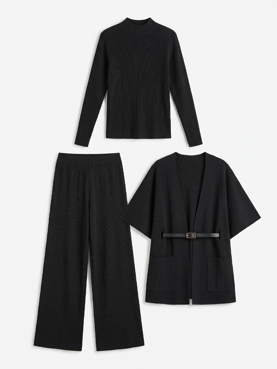 Ribbed Sweater Top Belted Cardigan And Wide Leg Pants Three-Piece Set