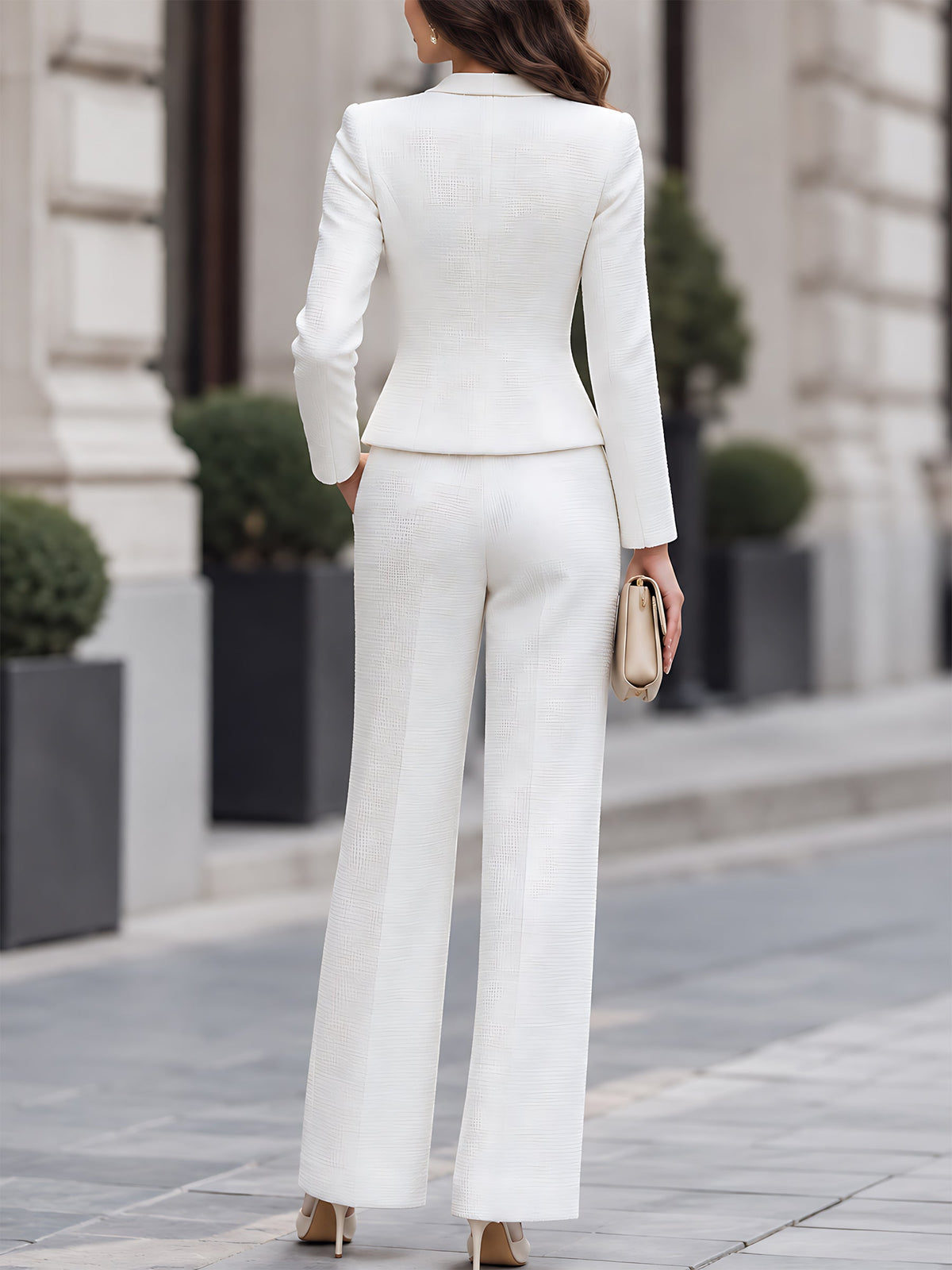 Elegant Tweed Bow Collar Jacket & Wide Leg Pants Two-Piece Set