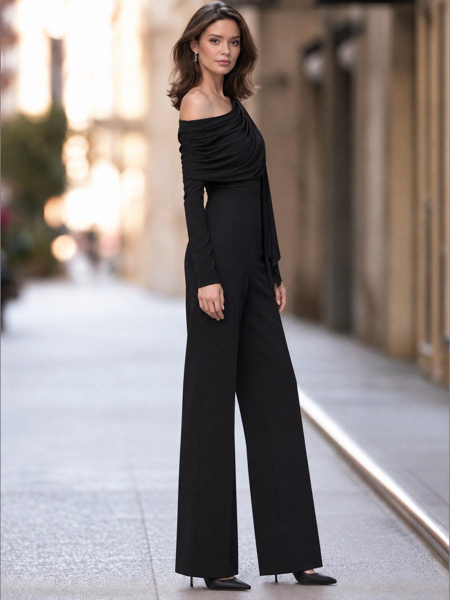 One-Shoulder Draped Wide Leg Jumpsuit