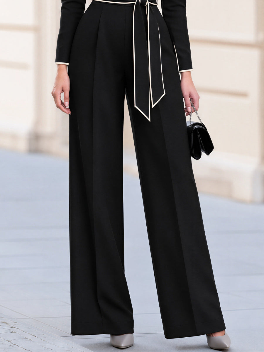 Contrast Piping Long Sleeve Wide Leg Jumpsuit