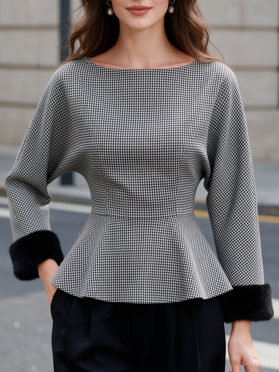Houndstooth Peplum Top with Faux Fur Cuffs Long Sleeve Blouse