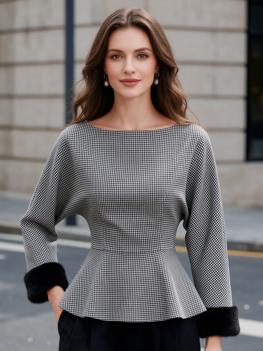 Houndstooth Peplum Top with Faux Fur Cuffs Long Sleeve Blouse