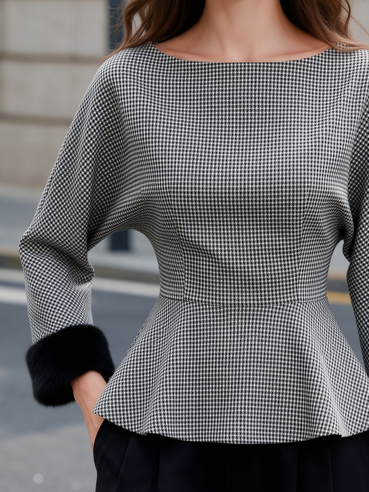 Houndstooth Peplum Top with Faux Fur Cuffs Long Sleeve Blouse