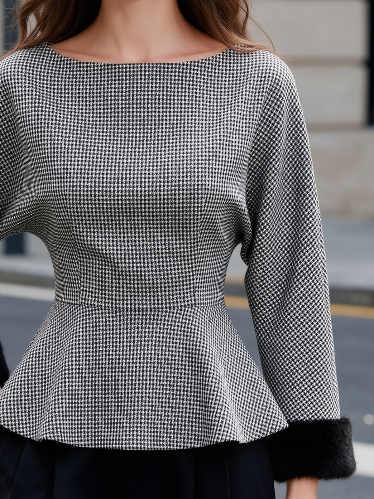 Houndstooth Peplum Top with Faux Fur Cuffs Long Sleeve Blouse