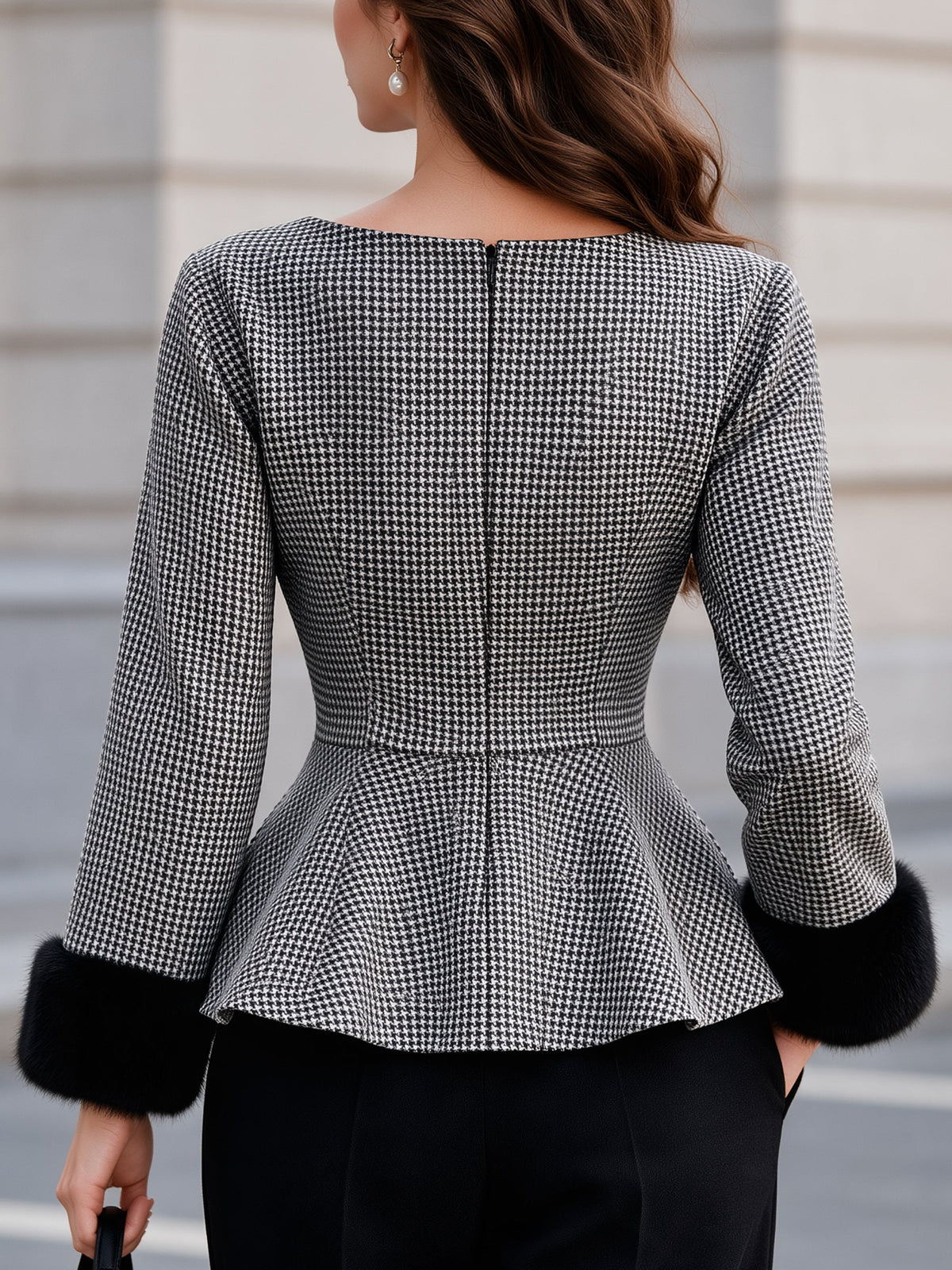Houndstooth Peplum Top with Faux Fur Cuffs Long Sleeve Blouse