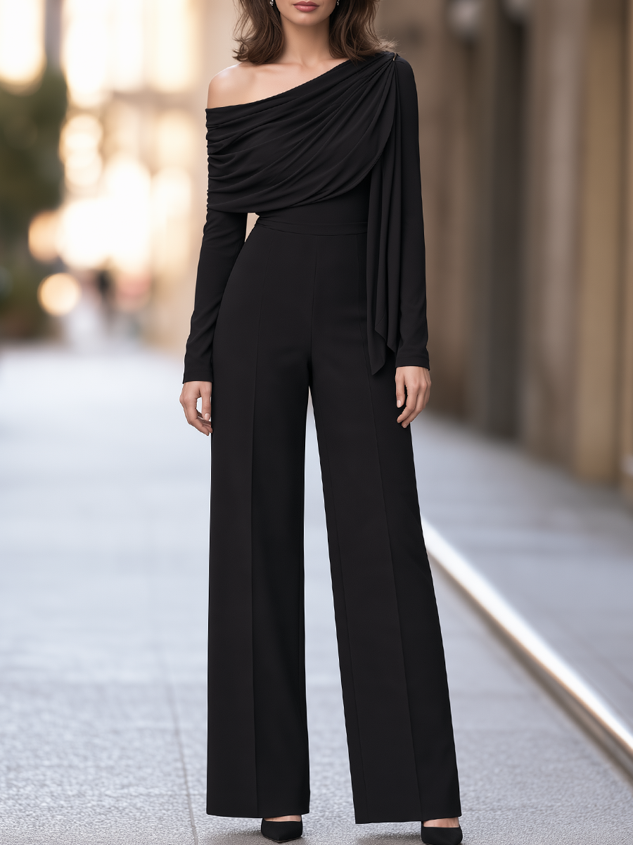 One-Shoulder Draped Wide Leg Jumpsuit
