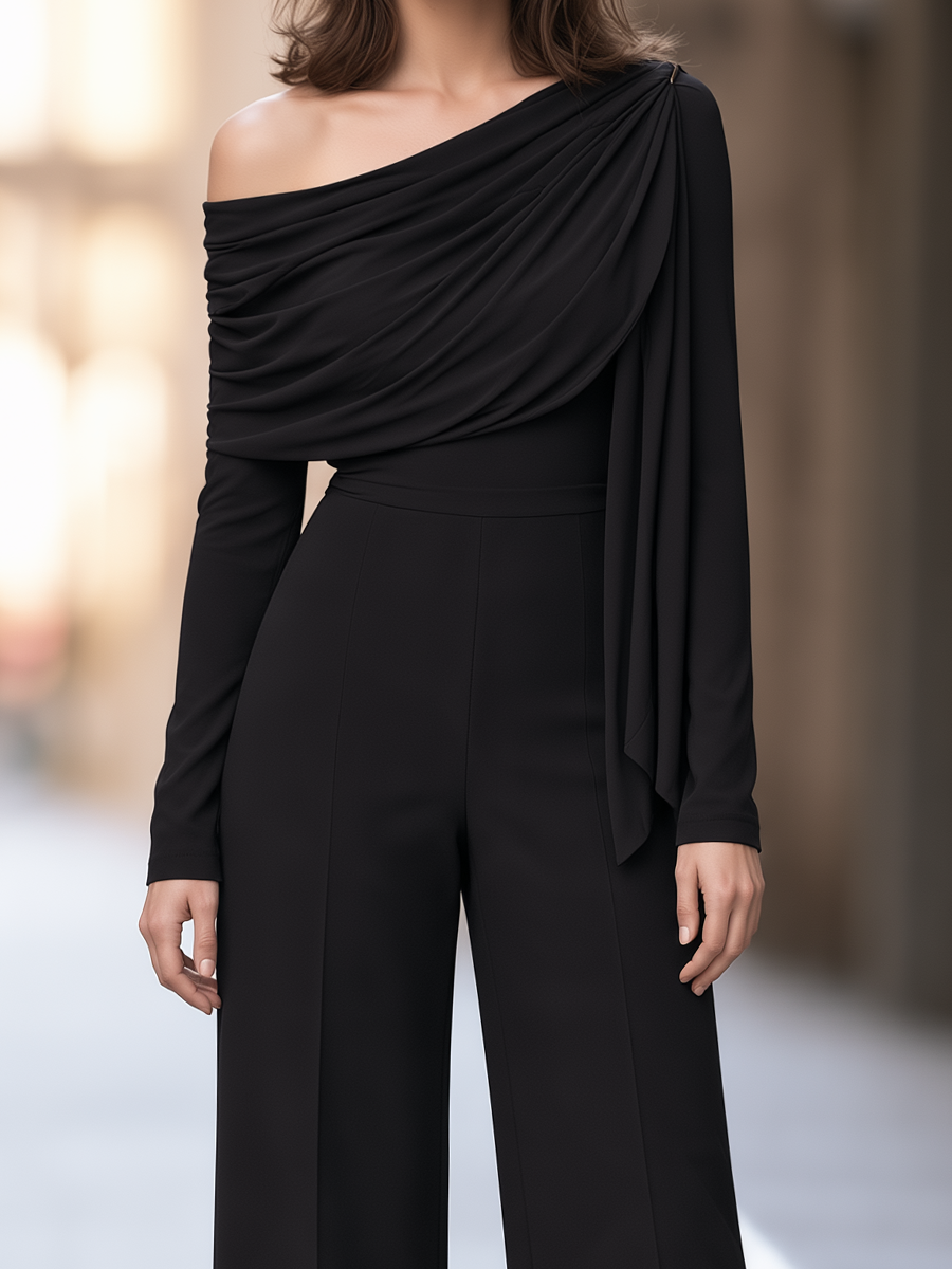 One-Shoulder Draped Wide Leg Jumpsuit
