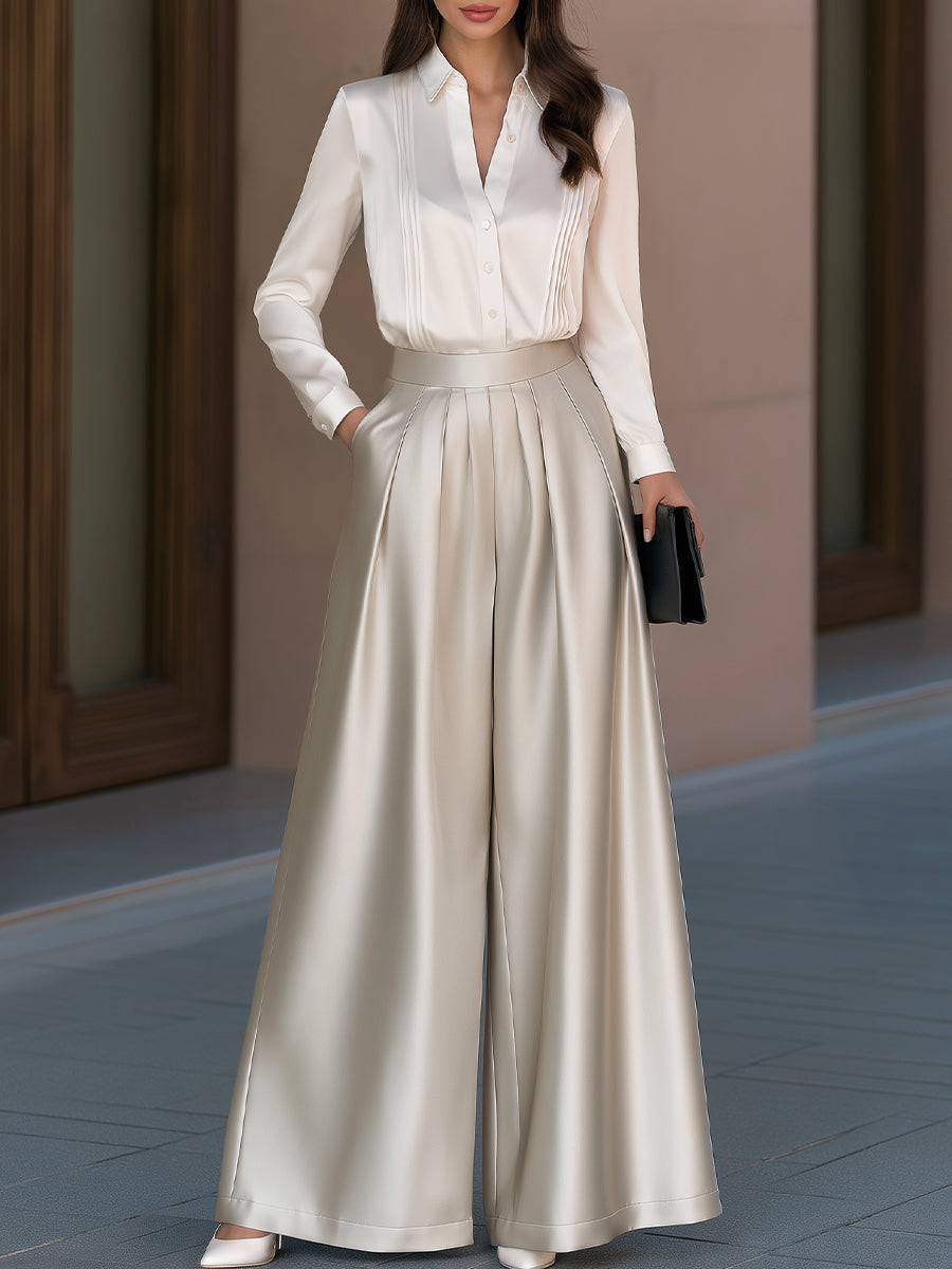 Satin Two-Piece Set Pleated Blouse And Wide Leg Pants