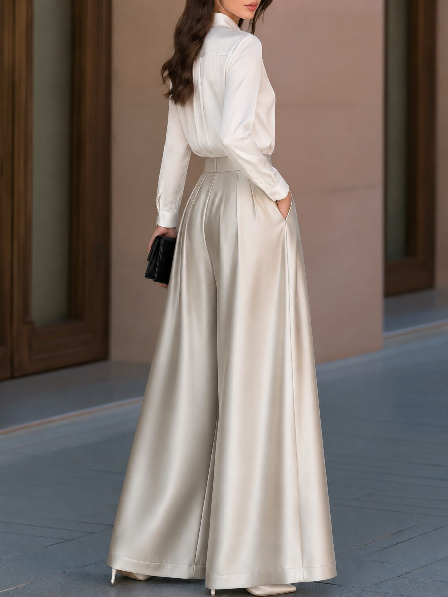 Satin Two-Piece Set Pleated Blouse And Wide Leg Pants