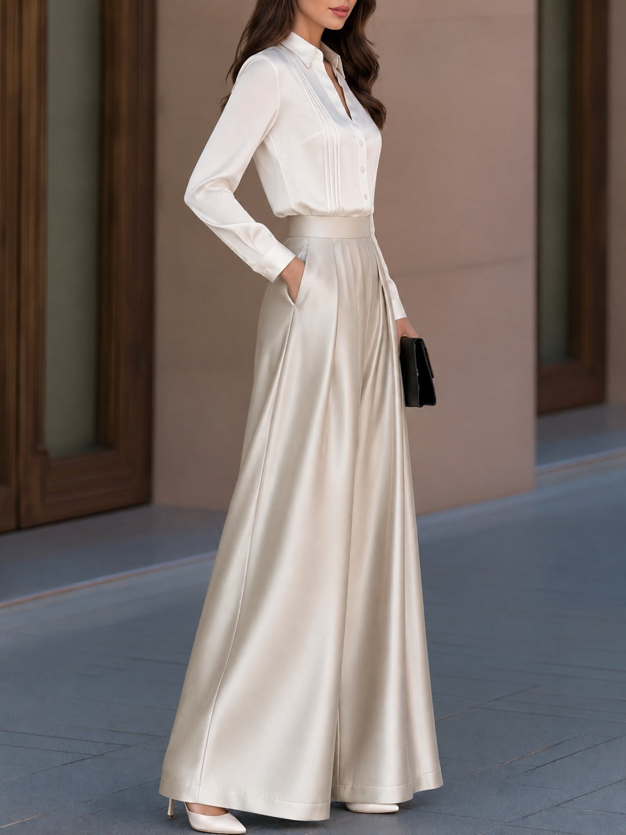 Satin Two-Piece Set Pleated Blouse And Wide Leg Pants