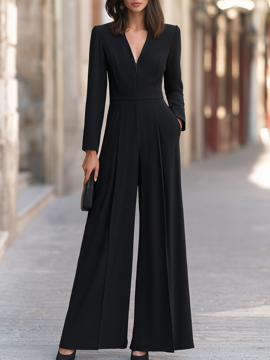V-Neck Long Sleeve Wide Leg Tailored Jumpsuit