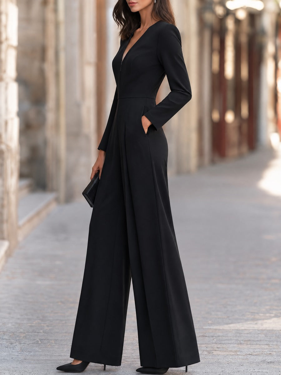 V-Neck Long Sleeve Wide Leg Tailored Jumpsuit
