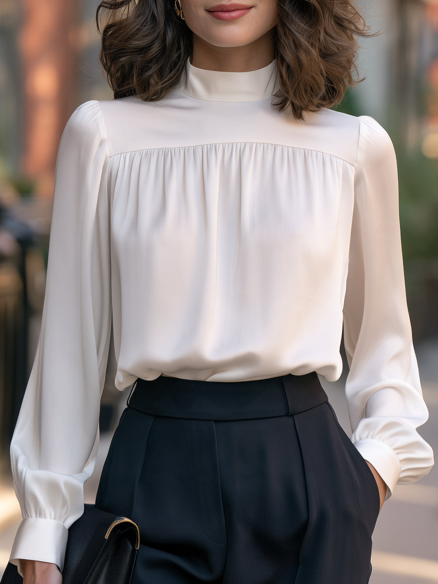 Satin Mock Neck Gathered Yoke Blouse