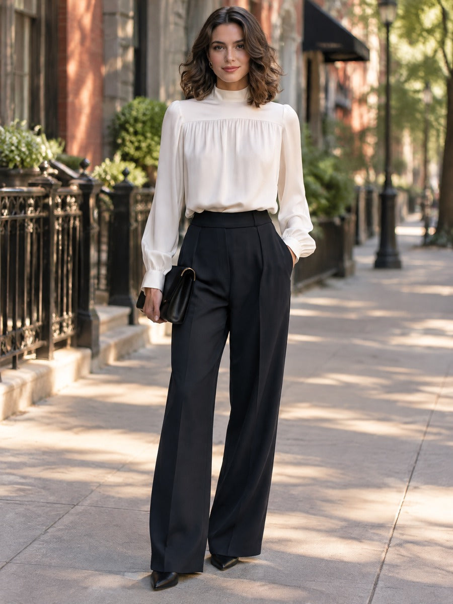 Satin Mock Neck Gathered Yoke Blouse