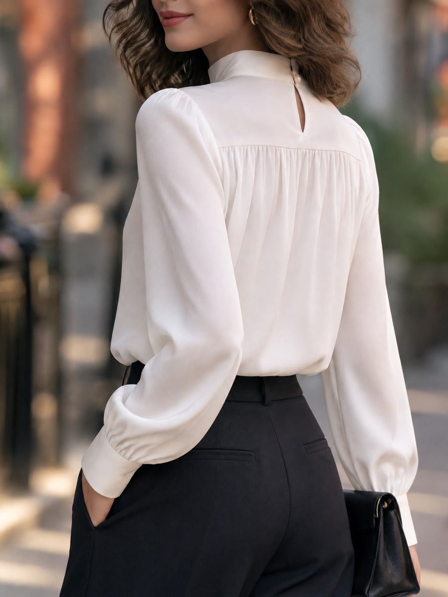 Satin Mock Neck Gathered Yoke Blouse