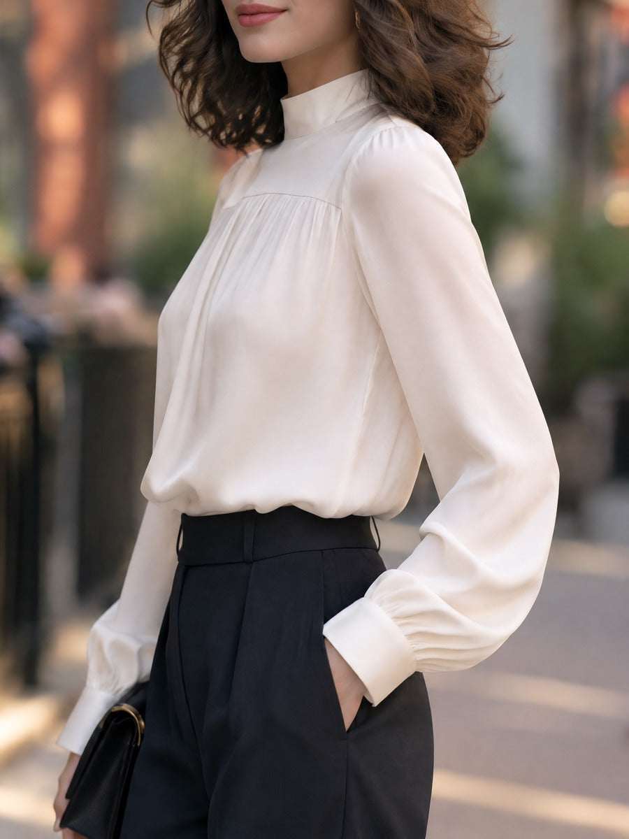 Satin Mock Neck Gathered Yoke Blouse