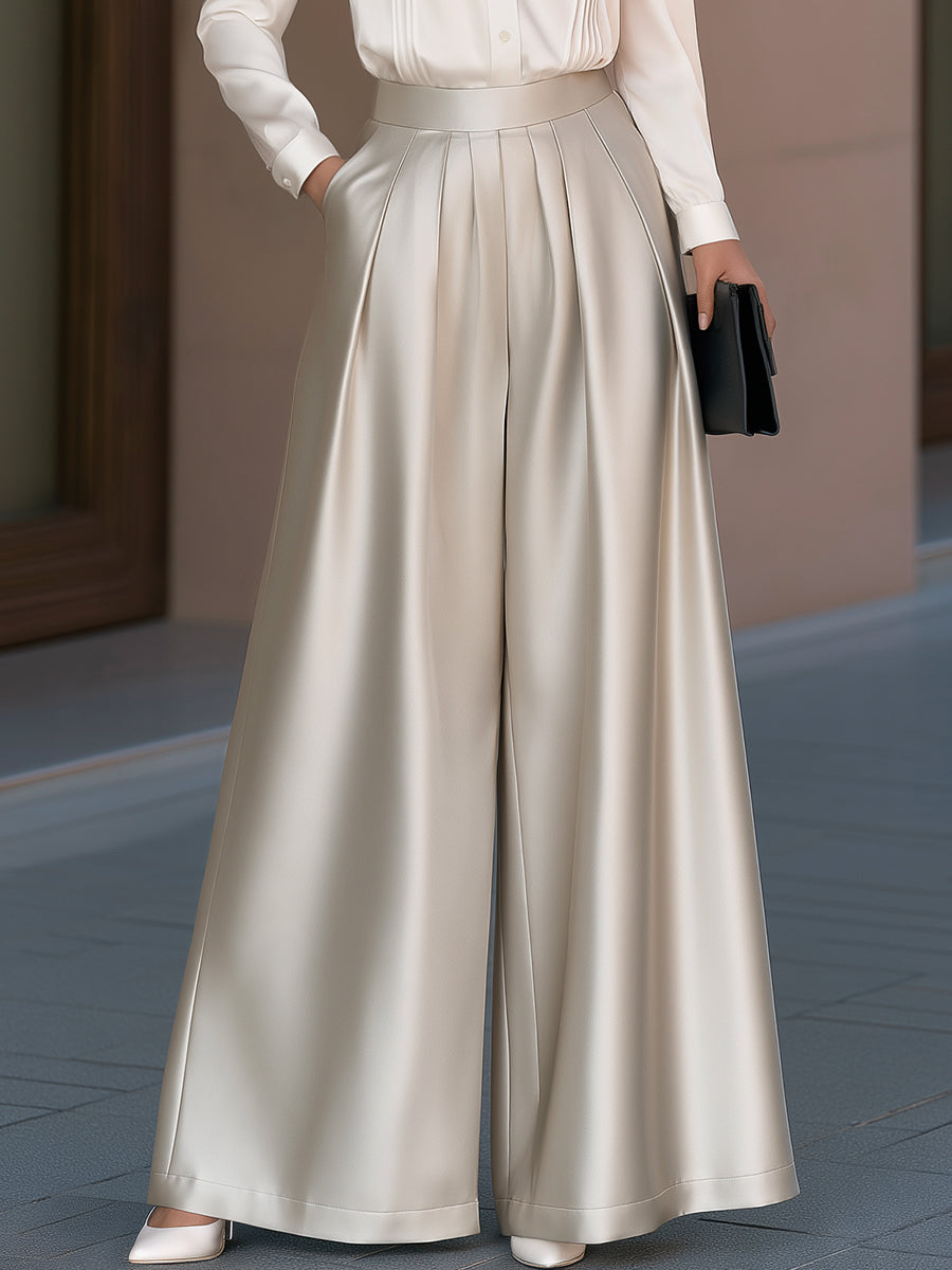 Satin Two-Piece Set Pleated Blouse And Wide Leg Pants