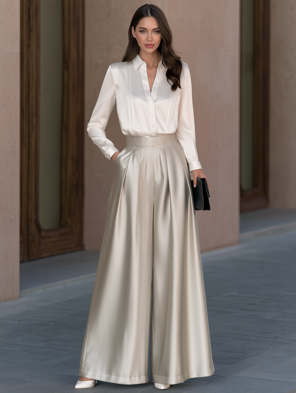Satin Two-Piece Set Pleated Blouse And Wide Leg Pants