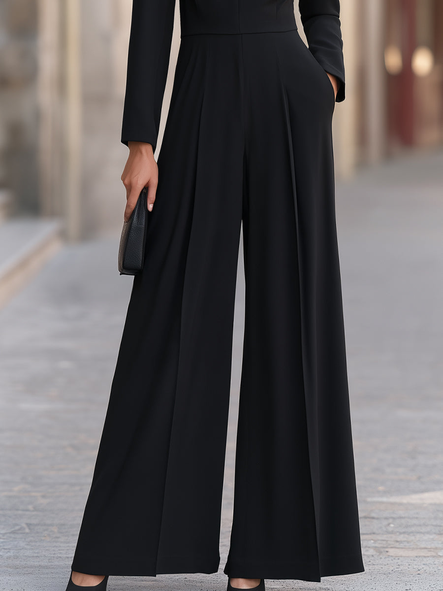 V-Neck Long Sleeve Wide Leg Tailored Jumpsuit