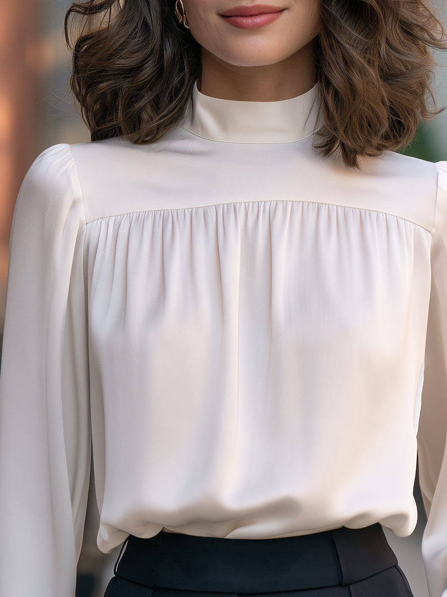 Satin Mock Neck Gathered Yoke Blouse