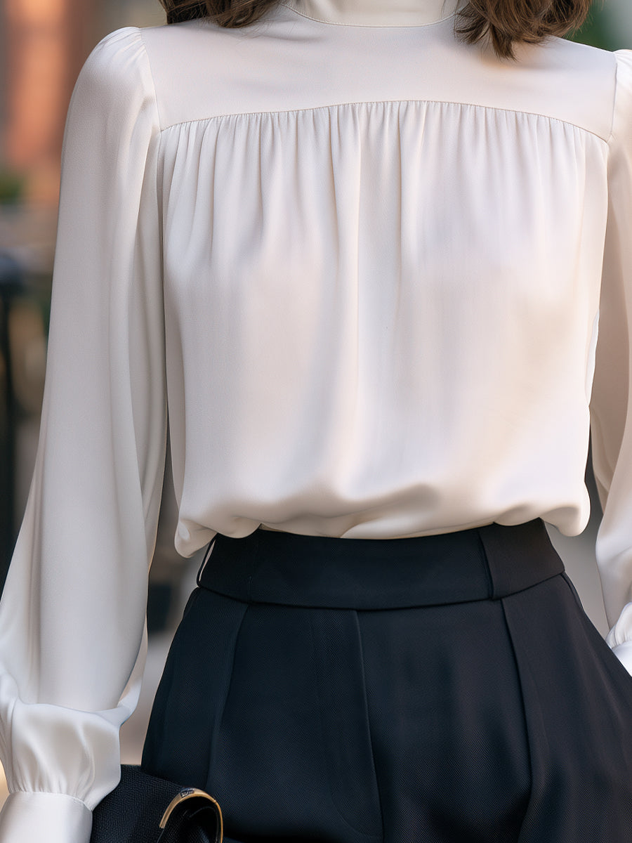 Satin Mock Neck Gathered Yoke Blouse